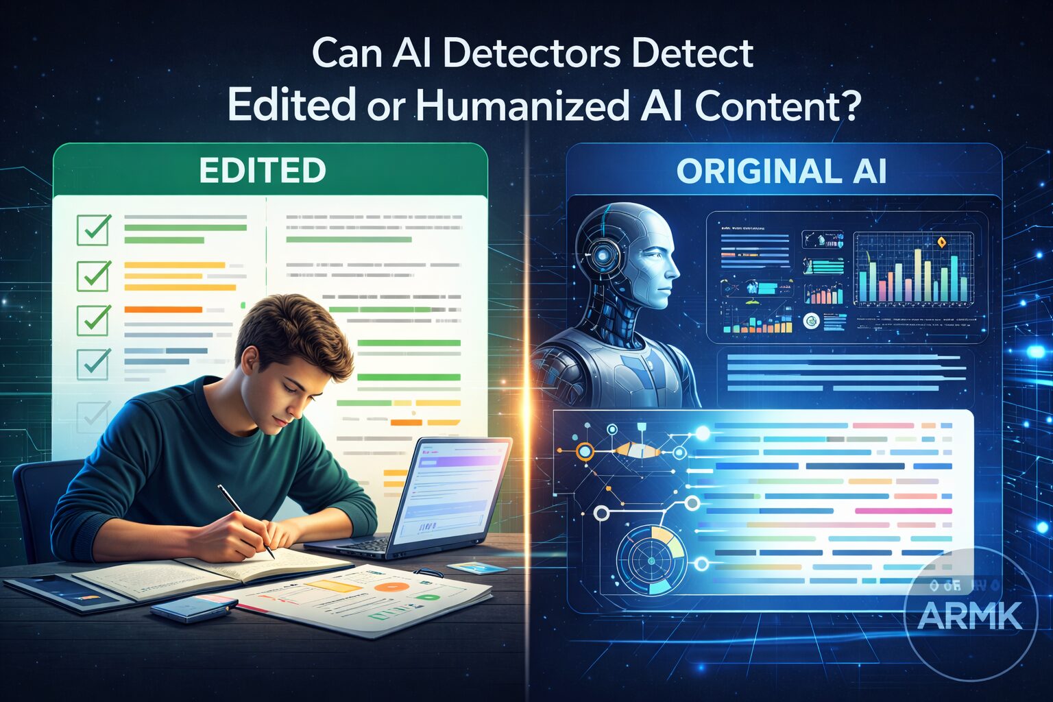 Illustration showing edited AI text vs original AI content to explain how AI detectors analyze humanized writing patterns.