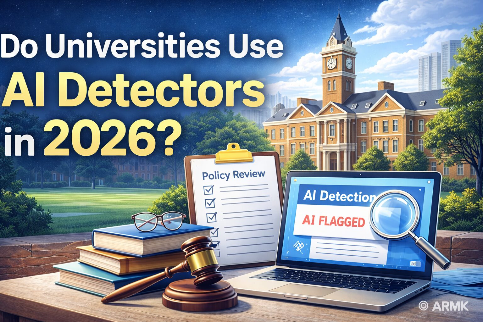 Illustration showing a university campus with AI detection report on laptop, representing university AI detector policies and review process in 2026.