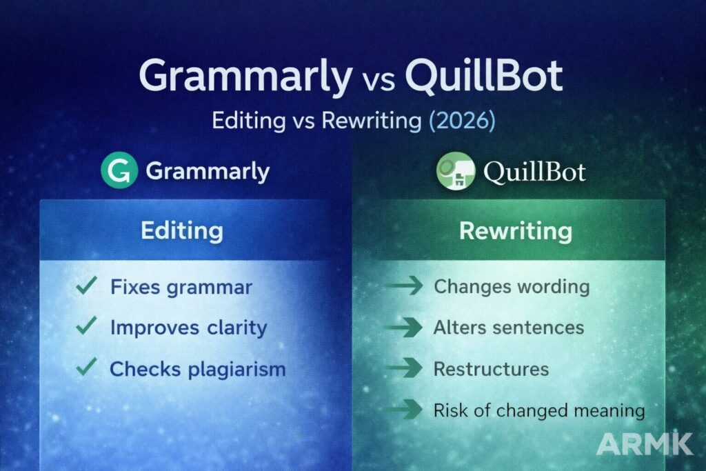Grammarly vs QuillBot 2026 comparison showing editing vs paraphrasing tools for students, bloggers and academic writing