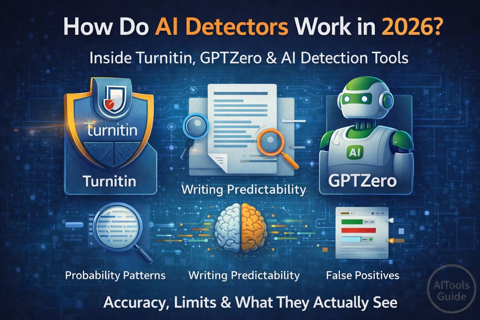 How AI detectors work in 2026 — probability scoring, pattern analysis and academic risk explained visually