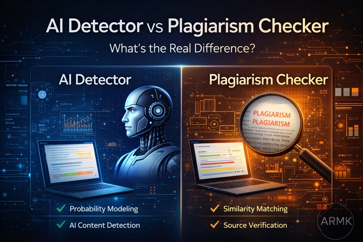 AI detector vs plagiarism checker comparison showing probability modeling and similarity matching differences