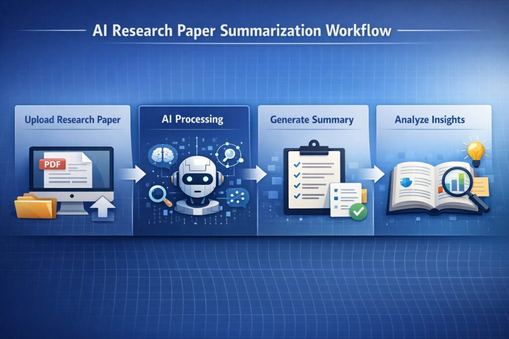 workflow of using AI tools to summarize research papers including PDF upload, AI processing, summary generation, and analysis