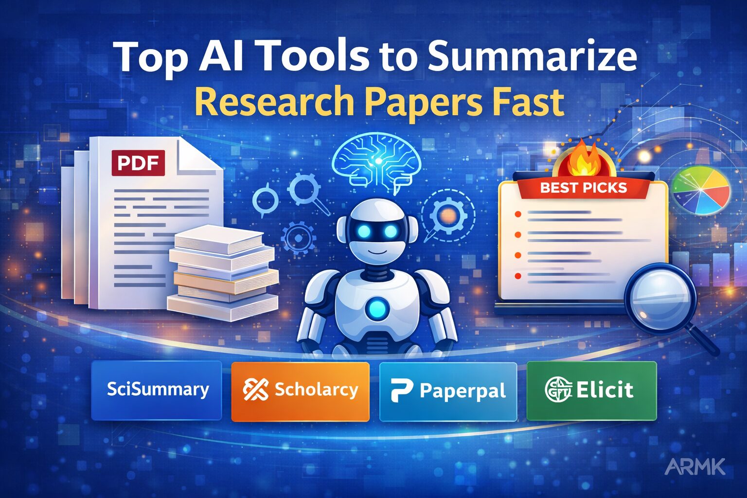 best AI tools for summarizing research papers showing top tools like SciSummary Scholarcy Paperpal and Elicit with AI workflow
