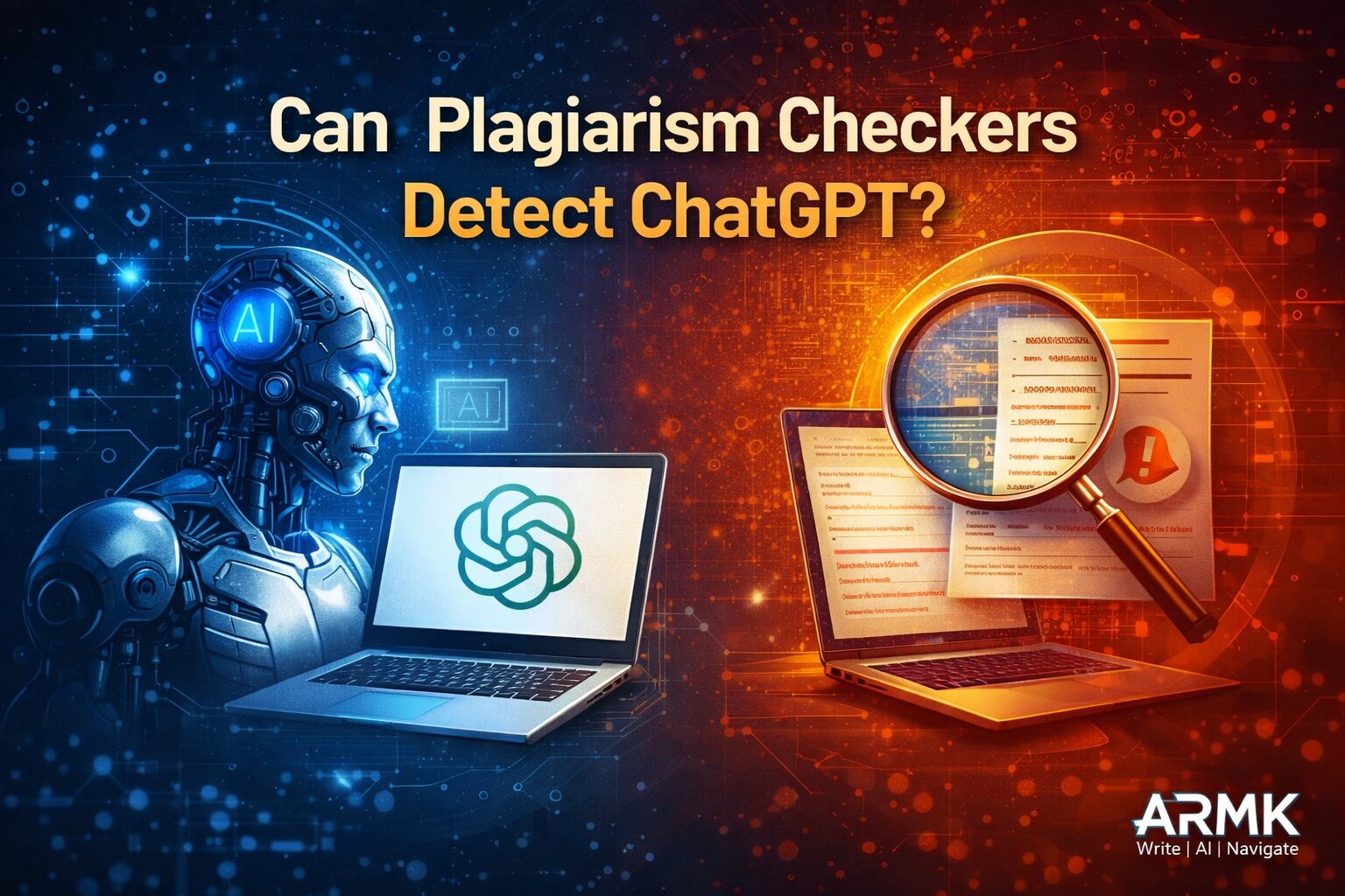AI vs plagiarism checker illustration explaining if ChatGPT can be detected.