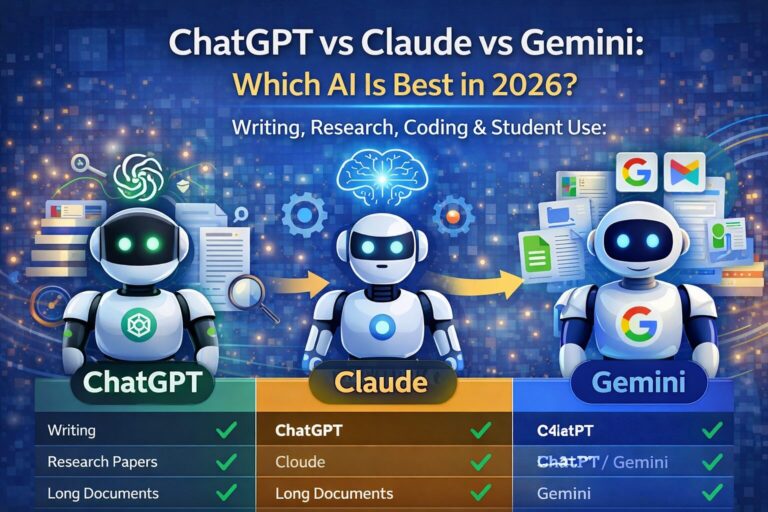 ChatGPT vs Claude vs Gemini comparison showing best AI for writing research coding and students in 2026