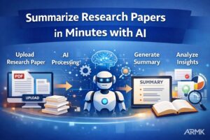 How to summarize research papers using AI workflow showing upload, AI processing, summary generation, and insights analysis