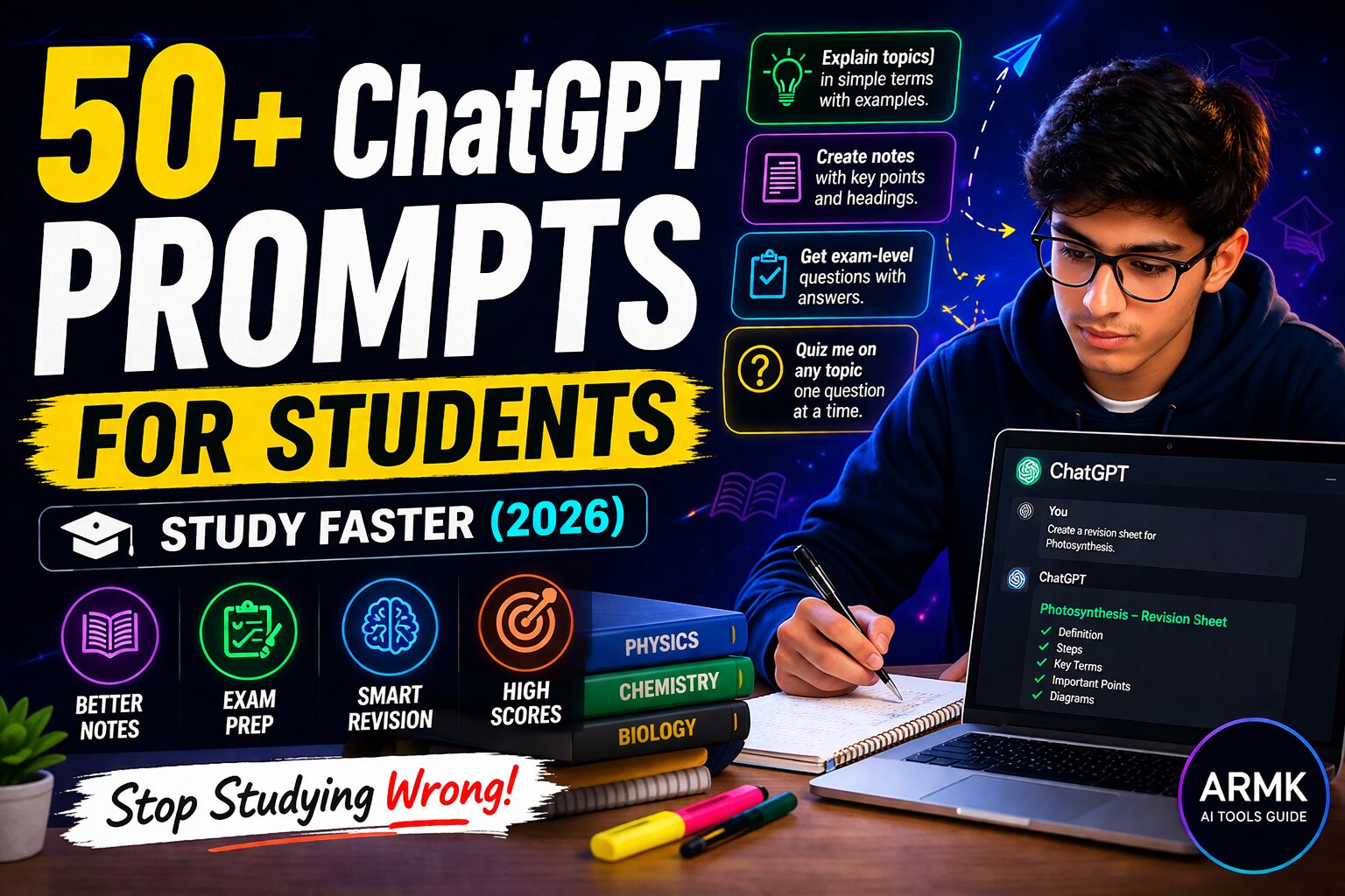 chatgpt prompts for students showing study workflow notes exam preparation and revision using ai