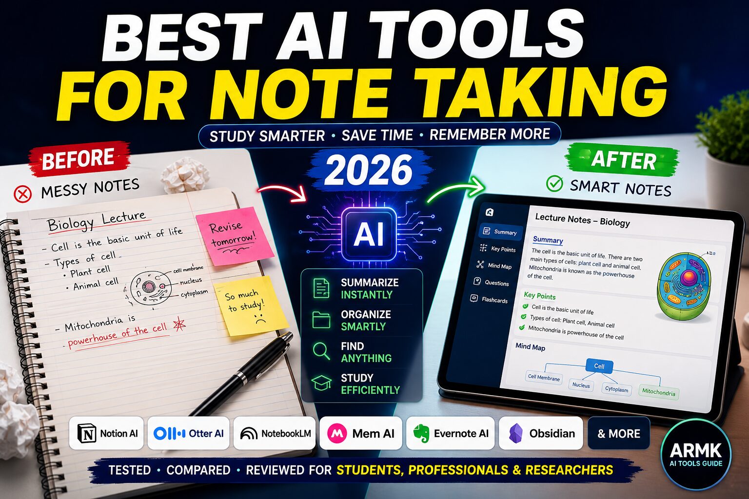 best ai tools for note taking showing ai generated notes smart summaries and study workflow for students researchers and professionals