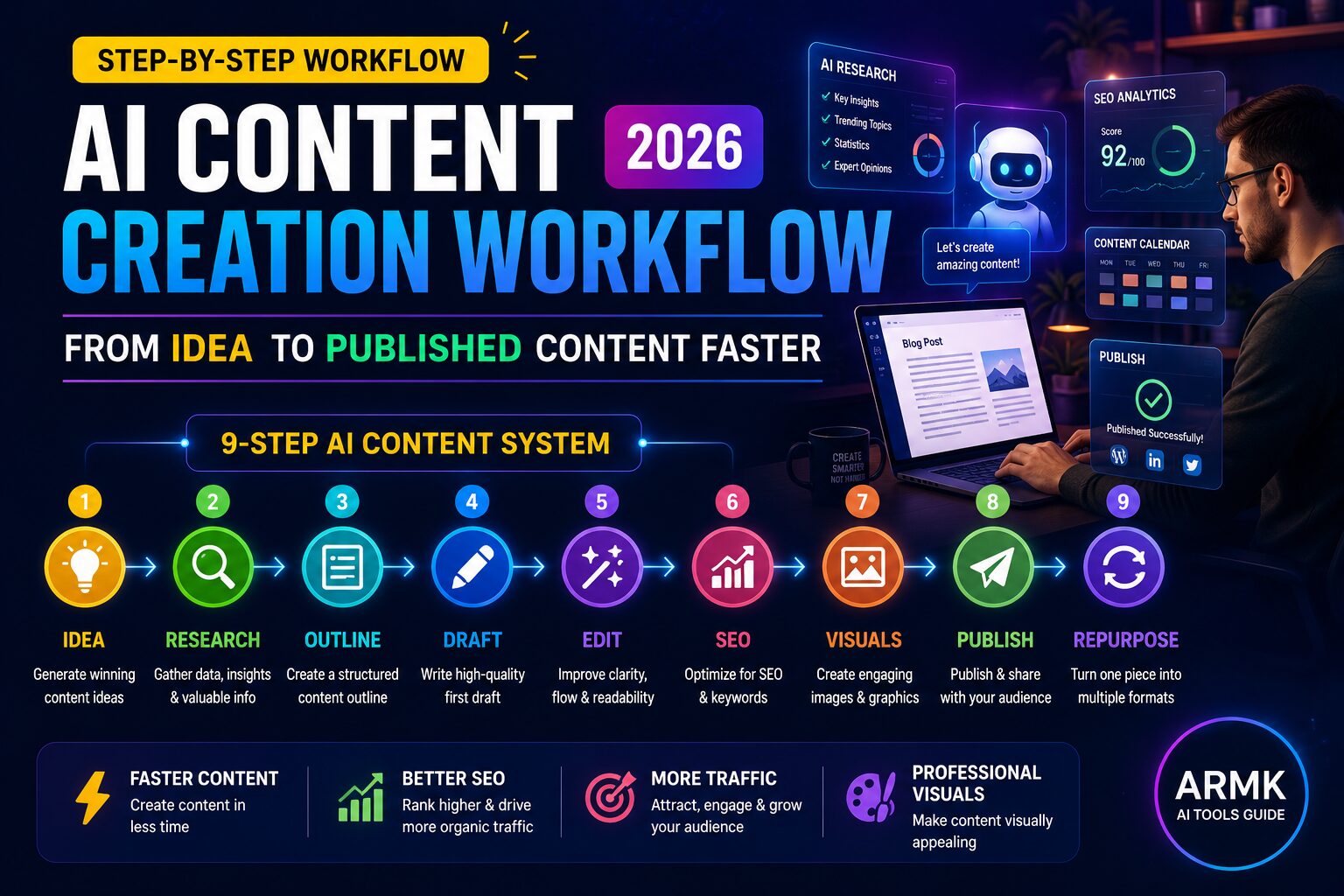 AI Content Creation Workflow 2026 showing idea research outline writing editing SEO and publishing process for creators