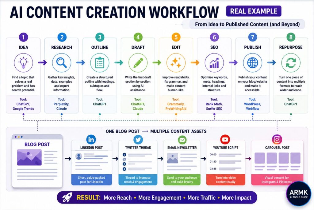 AI content creation workflow example showing idea research outline drafting editing SEO publishing and content repurposing process
