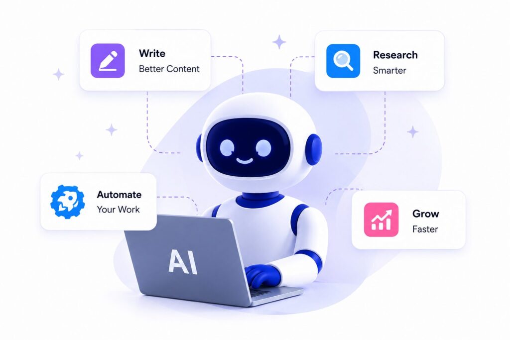 AI assistant helping content creators freelancers and students learn practical AI workflows and productivity systems