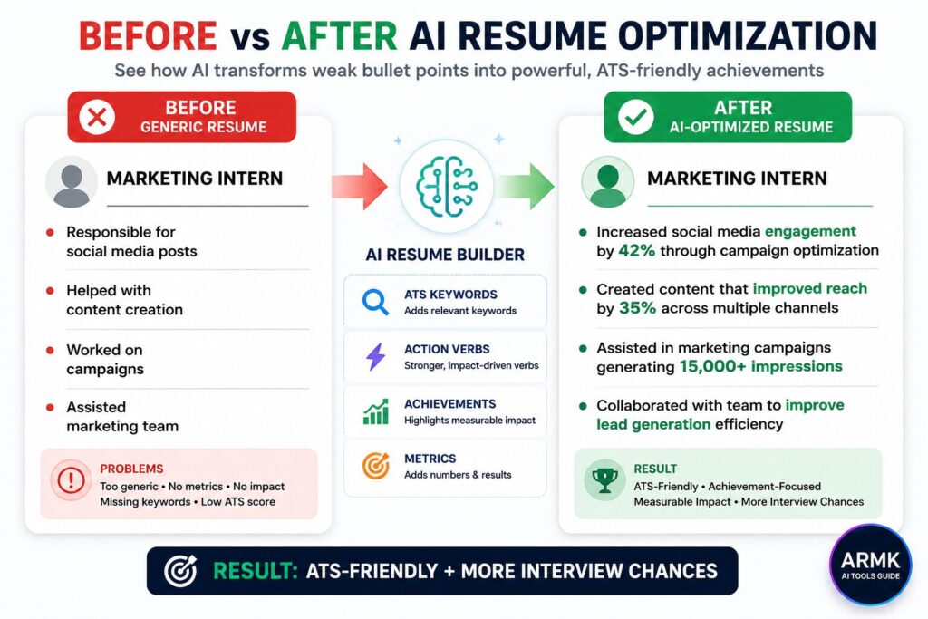 Before vs after AI resume optimization example showing how AI resume builders improve resume bullet points for ATS screening and interview opportunities.