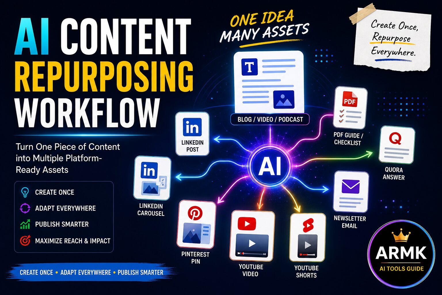 AI Content Repurposing Workflow showing how one blog, video, or podcast can be transformed with AI into LinkedIn posts, YouTube videos, Pinterest Pins, newsletters, Quora answers, and other platform-ready content assets.