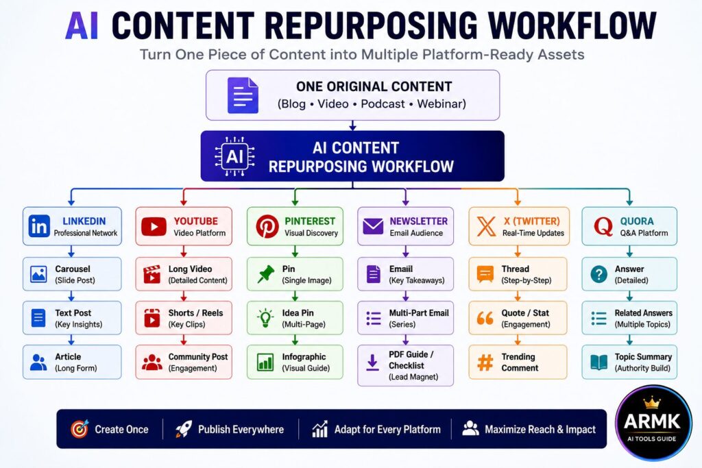 AI Content Repurposing Workflow (2026) – Turn One Piece of Content into Multiple Platform Assets AI Content Repurposing Workflow infographic showing how to turn one blog post, video, podcast, or webinar into LinkedIn posts, YouTube content, Pinterest Pins, newsletters, X threads, Quora answers, and other platform-specific content using AI.