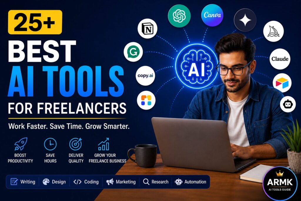 Illustration showing 25+ best AI tools for freelancers in 2026, including ChatGPT, Claude, Canva, Grammarly, Notion, Copy.ai, Midjourney, Airtable, and automation tools for writing, design, coding, marketing, research, and productivity.